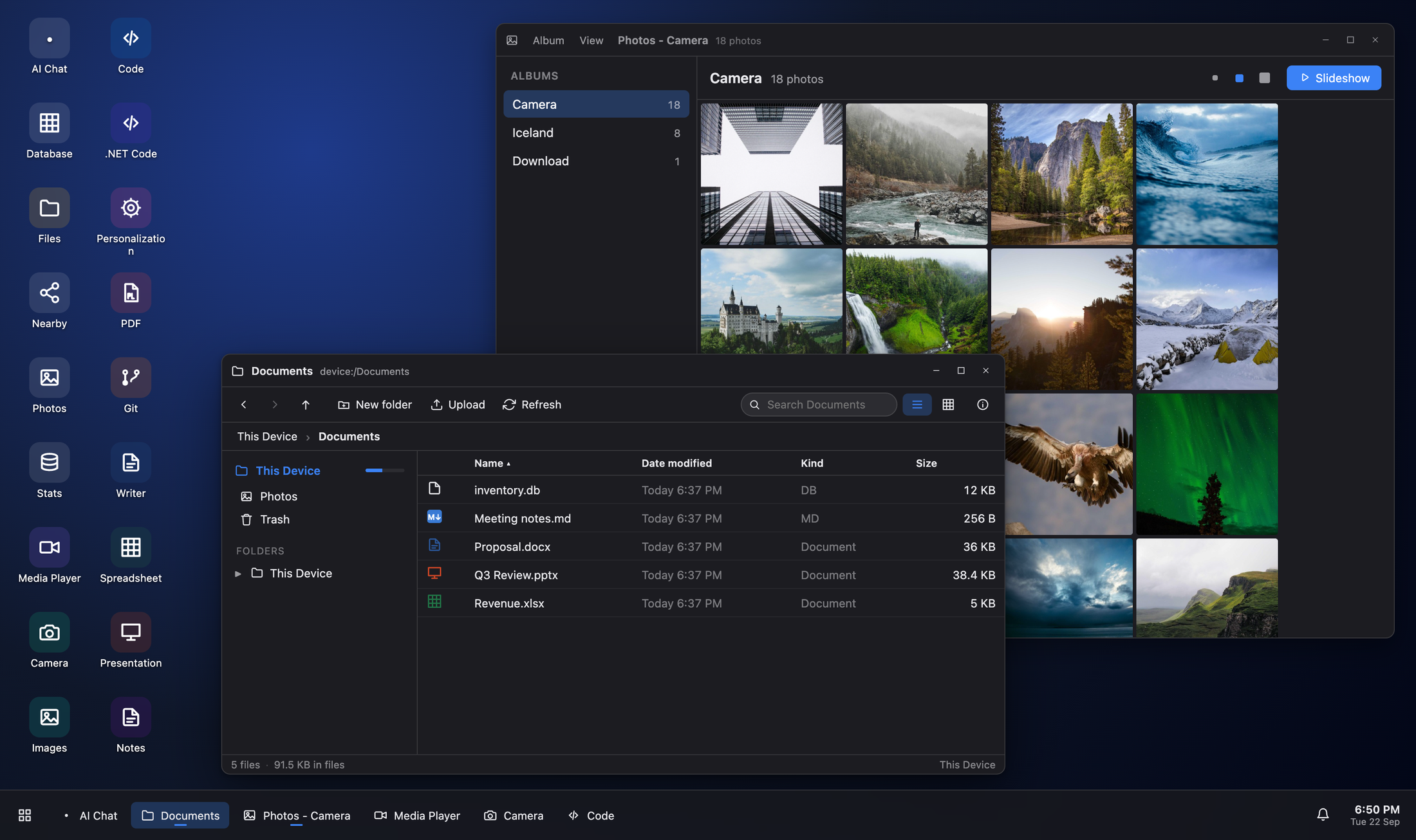 The Device Cloud desktop in a browser: a launcher of apps down the left, a Files window listing a Documents folder with a Word document, a spreadsheet, a slide deck and a SQLite database, and behind it the Photos app showing the phone's camera roll.