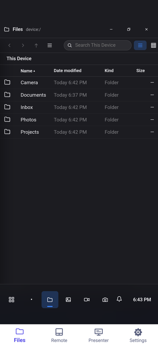 Device Cloud on an Android phone: the Files tab showing the device's folders in the desktop client, with the app's Files, Remote, Presenter and Settings tabs below.