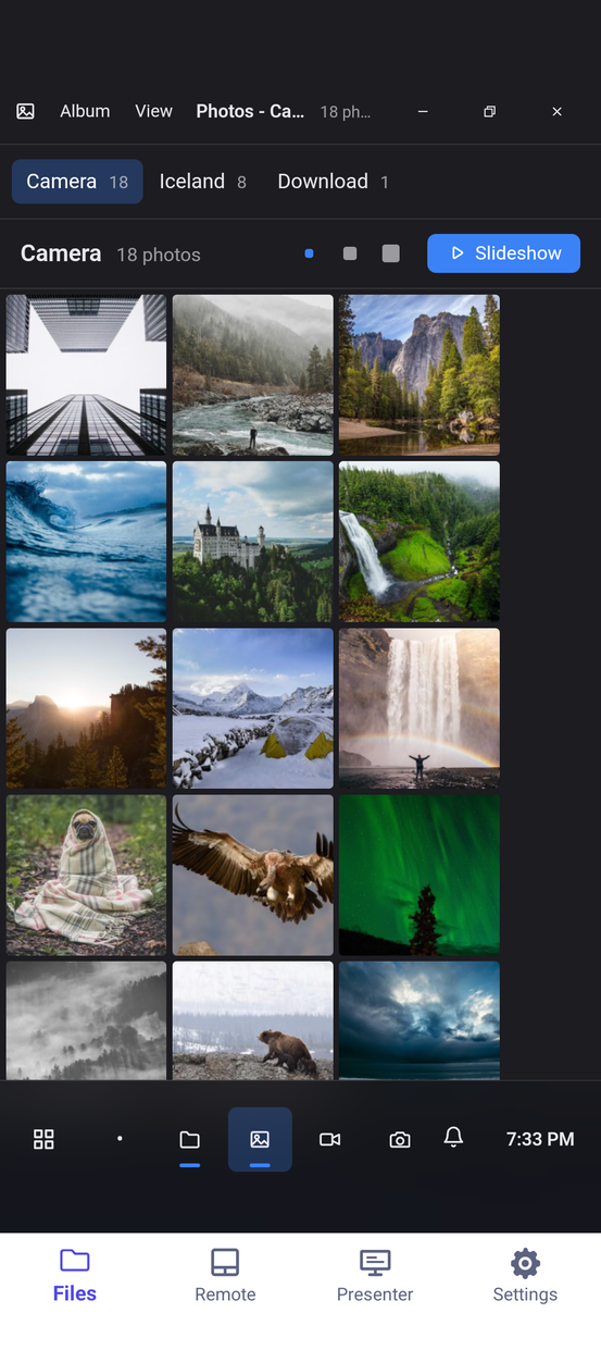 The Photos app on the phone, maximised: albums across the top and a grid of the camera roll.