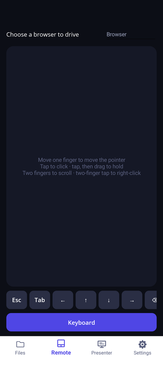 The phone's Remote tab: a large touchpad with Esc, Tab and arrow keys and a Keyboard button beneath it.